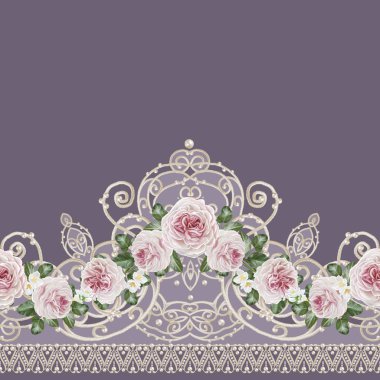 Dikişsiz desen sınır. Narin, dokuma Ajur Gümüş arka plan, parlak dantel, vintage eski tarzı Arabesk. Dekoratif kenar. Pembe pastel gül demetleri.