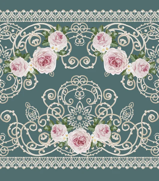 シームレス パターンの境界線。繊細な織りの透かし彫りシルバー背景、光沢のあるレース、ビンテージの古いスタイルのアラベスク。装飾的なエッジング。パステル ピンクのバラのブーケ. — ストック写真