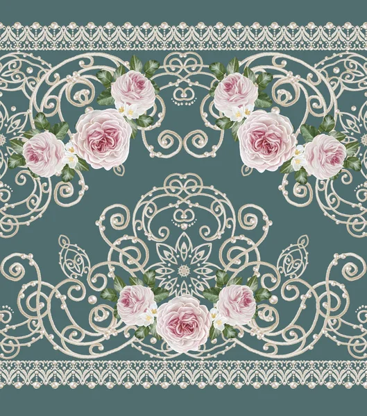 Borde de patrón sin costuras. Tejido calado delicado, fondo plateado, encaje brillante, arabescos de estilo antiguo vintage. Borde decorativo. Ramos de rosas pastel rosadas . —  Fotos de Stock