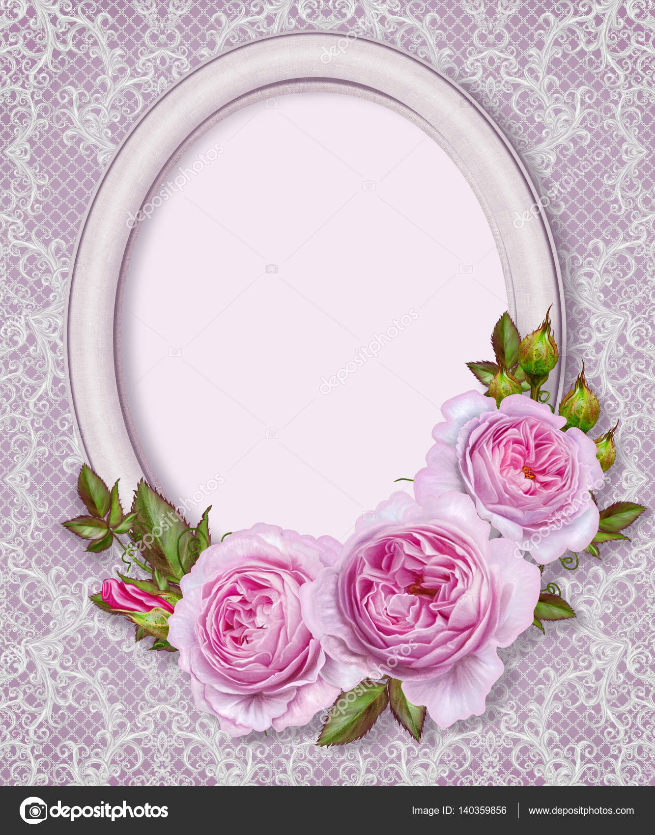 Oval photo frame. Bouquet of pink and pastel roses. Flower composition