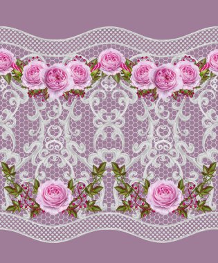 Dikişsiz desen sınır. Narin, dokuma Ajur Gümüş arka plan, parlak dantel, vintage eski tarzı Arabesk. Dekoratif kenar. Pembe pastel gül demetleri.
