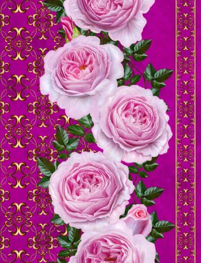 Dikey çiçek sınır. Seamless modeli. Çiçek çelenk narin pembe Gül ' kamelya. Altın soyut Ajur dokuma, Mozaik, fayans, Dekoratif süsleme.
