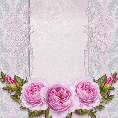 Çiçek kompozisyon. Eski vintage tarzı tebrik kartı. Buket Hassas pastel gül. Beyaz inci boncuk dekorasyon ile dekore edilmiş, Ajur bukleler.