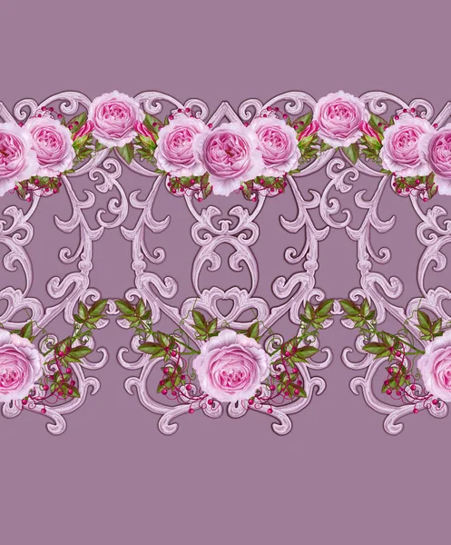 Χωρίς ραφή πρότυπο στα σύνορα. Διάτρητο ύφανση λεπτή, ασημί φόντο, λαμπερά δαντέλα, vintage παλιά στυλ αραβουργήματα. Μπορντούρα διακοσμητικά. Μπουκέτα με ροζ παστέλ τριαντάφυλλα. — Φωτογραφία Αρχείου