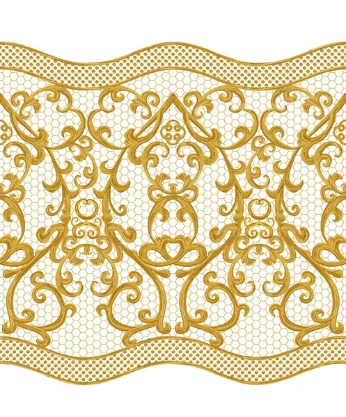 완벽 한 패턴입니다. 골든 질감된 곱슬 머리입니다. 오리엔탈 스타일 arabesques입니다. 화려한 레이스, 양식에 일치 시키는 꽃입니다. 섬세 한, 황금 배경 직물 비쳐. — 스톡 사진