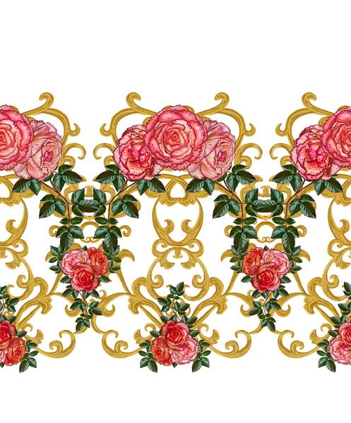 Varrat nélküli mintát. Arany mintás fürtök. Keleti stílusú arabesques. Áttört szövés finom, csipke, arany háttér. Virágkötészeti rózsaszín rózsa és fehér virágok. — Stock Fotó