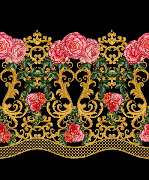 Patrón sin costuras. Rizos dorados texturizados. Arabescos de estilo oriental. Tejido calado delicado, encaje, fondo dorado. Arreglo floral de rosas rosadas y flores blancas . —  Fotos de Stock
