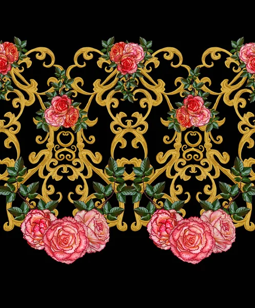 Seamless pattern. Golden textured curls. Oriental style arabesques. Openwork weaving delicate, lace, golden background. Flower arrangement of pink roses and white flowers. — Stock Photo, Image