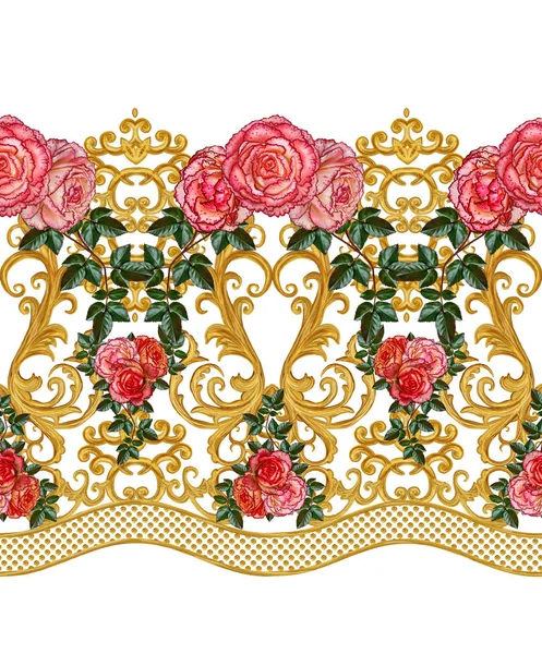 Naadloze patroon. Gouden getextureerde krullen. Oosterse stijl arabesken. Opengewerkte weven delicaat, lace, gouden achtergrond. Bloemstuk met roze rozen en witte bloemen. — Stockfoto