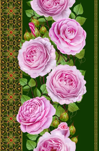 Verticale floral rand. Naadloze patroon. Flower garland van delicate roze rozen, Camelia's. Gouden abstracte opengewerkte weven, mozaïek tegels, decoratieve sieraad. — Stockfoto