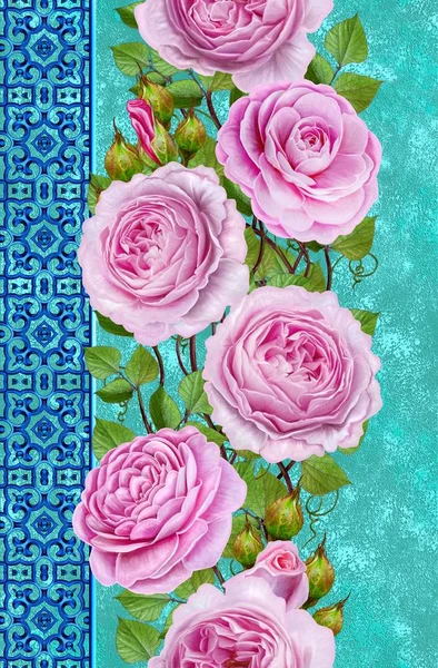 Borda floral vertical. Padrão sem costura. Flor guirlanda de delicadas rosas rosa, camélias. Abertura abstrata dourada tecelagem, mosaico, telhas, ornamento decorativo . — Fotografia de Stock