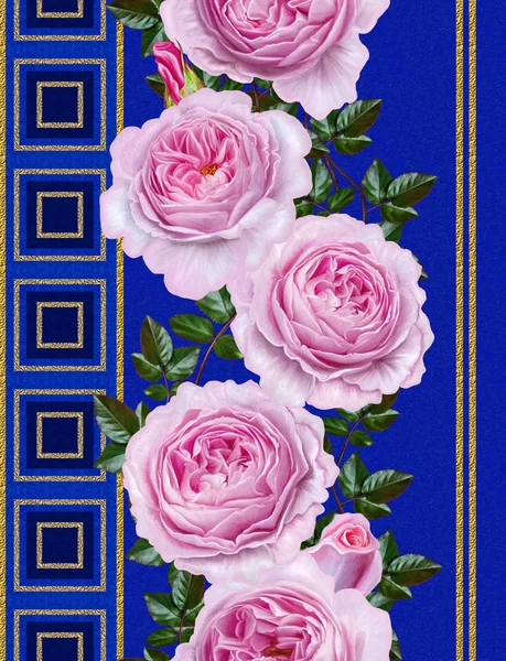 Вертикальна квіткова рамка. Безшовні візерунки. Квіткова гірлянда з ніжних рожевих троянд, камелії. Золоте абстрактне ажурне ткацтво, мозаїка, плитка, декоративний орнамент . — стокове фото
