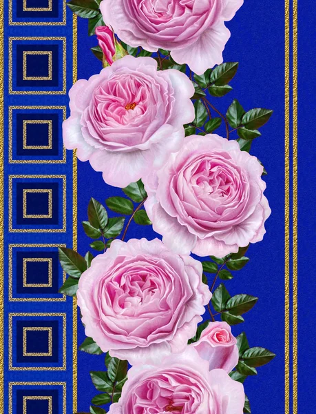 Borda floral vertical. Padrão sem costura. Flor guirlanda de delicadas rosas rosa, camélias. Abertura abstrata dourada tecelagem, mosaico, telhas, ornamento decorativo . — Fotografia de Stock