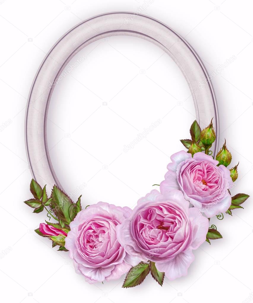 Oval photo frame. Bouquet of pink and pastel roses. Flower composition. Openwork lace weaving of pearls.