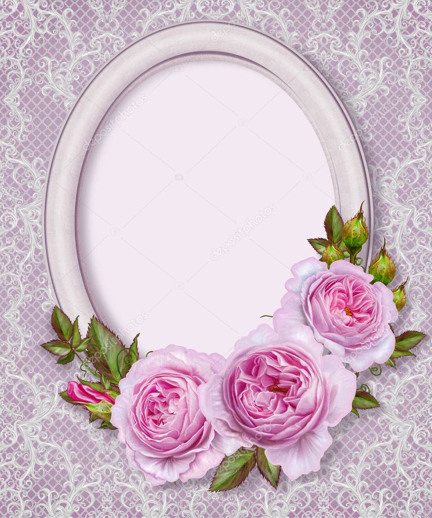 Oval photo frame. Bouquet of pink and pastel roses. Flower composition