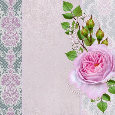 Çiçek kompozisyon. Eski vintage tarzı tebrik kartı. Buket Hassas pastel gül. Beyaz inci boncuk dekorasyon ile dekore edilmiş, Ajur bukleler.