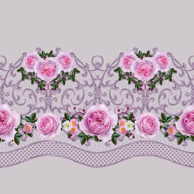 Dikişsiz desen sınır. Narin, dokuma Ajur Gümüş arka plan, parlak dantel, vintage eski tarzı Arabesk. Dekoratif kenar. Pembe pastel gül demetleri.