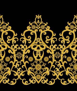 Seamless modeli. Altın dokulu bukleler. Oryantal tarzı Arabesk. Parlak dantel, stilize çiçekler. Narin, altın arka plan dokuma Ajur.