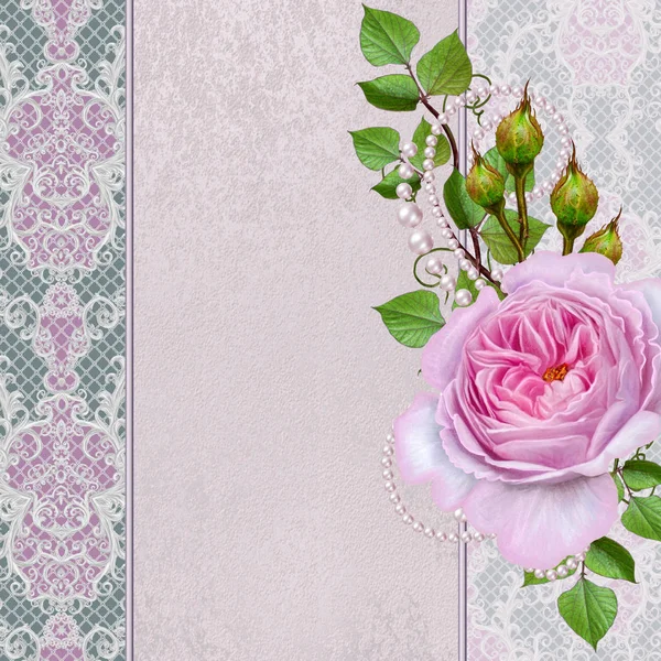 Flower composition. Old vintage style greeting card. Bouquet delicate pastel roses. Openwork curls of white pearls, decorated with decoration of beads. — Stock Photo, Image