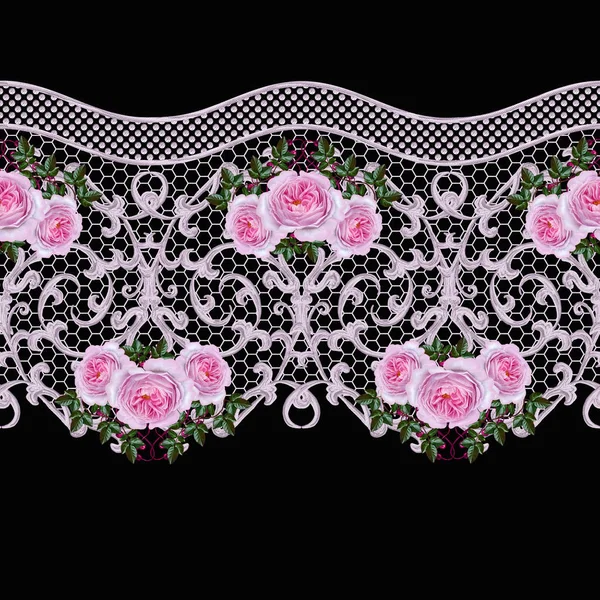 Seamless pattern border. Openwork weaving delicate, silver background, shiny lace, vintage old style arabesques. Edging decorative. Bouquets of pink pastel roses. — Stock Photo, Image