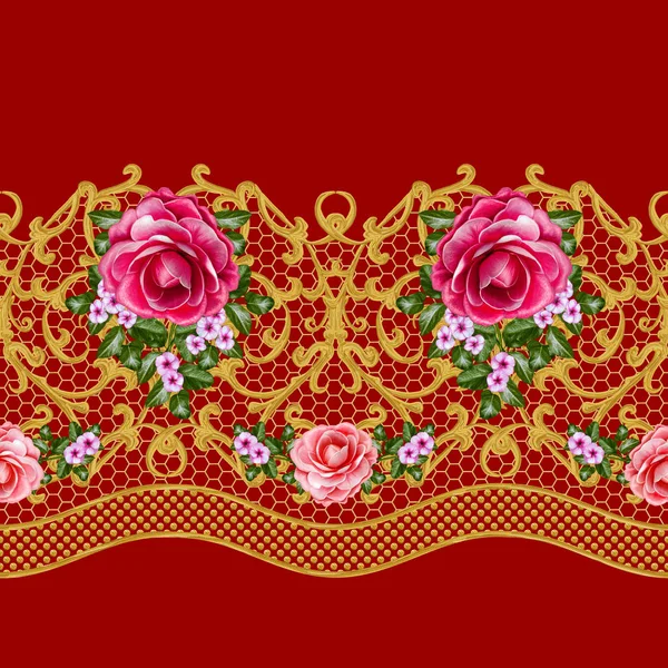 Seamless pattern. Golden textured curls. Oriental style arabesques. Openwork weaving delicate, lace, golden background. Flower arrangement of pink roses and white flowers. — Stock Photo, Image