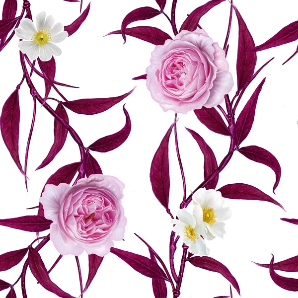 Patrón floral sin costuras. Hojas rojas brillantes, tejido calado, ramas delgadas. Arreglo floral, delicadas rosas rosadas y flores blancas . —  Fotos de Stock