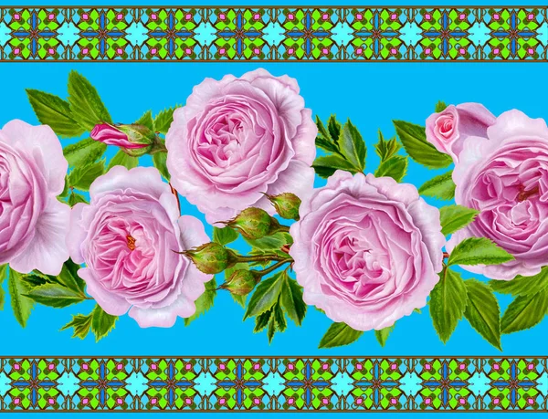 Горизонтальна квіткова межа. Візерунок, безшовний. Квіткова гірлянда з троянд, камелії і ніжних красивих квітів, зелене листя. Орнамент з мозаїчної плитки . — стокове фото