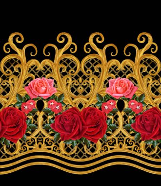 Seamless modeli. Altın dokulu bukleler. Oryantal tarzı Arabesk. Parlak dantel, stilize çiçekler. Dokuma narin, altın arka plan, kompozisyon, kırmızı gül çelenk Ajur.