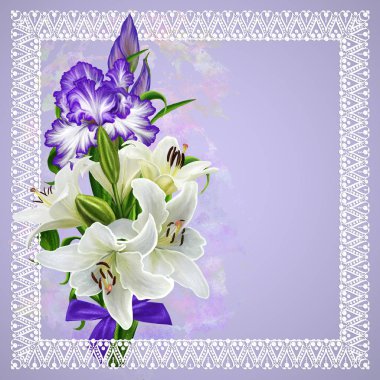 Eski tarzı Vintage tebrik kartı. Beyaz lilyum ve beyaz dantel çerçeve çerçevede bir mor süsen oluşan.