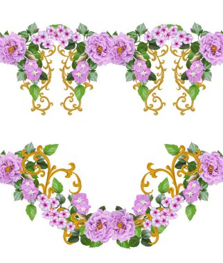 Yatay çiçek sınır. Desen, sorunsuz. Gül, kamelya ve hassas güzel çiçekler, yeşil yaprakları çiçek çelenk. Ajur doku altın bukleler. Beyaz arka plan üzerinde izole.