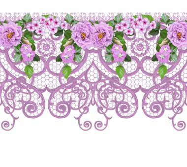 Dikişsiz desen sınır. Narin, dokuma Ajur Gümüş arka plan, parlak dantel, vintage eski tarzı Arabesk. Dekoratif kenar. Pastel pembe gül buketi çiçek çelenk.