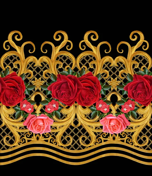 Seamless pattern. Golden textured curls. Oriental style arabesques. Brilliant lace, stylized flowers. Openwork weaving delicate, golden background, composition, garland of red roses. — Stock Photo, Image