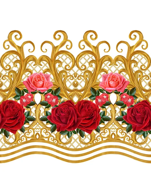 Patrón sin costuras. Rizos dorados texturizados. Arabescos de estilo oriental. Encaje brillante, flores estilizadas. Tejido calado delicado, fondo dorado, composición, guirnalda de rosas rojas . — Foto de Stock