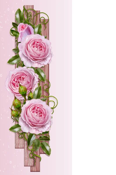 Fondo floral en tono rosa pastel. Guirnalda de rosas tiernas, tablón decorativo de madera. Tarjeta de invitación retro de estilo antiguo . — Foto de Stock