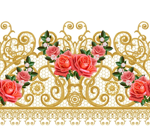 Безшовні візерунки. Золоті текстуровані завитки. Східний стиль арабески. Блискучі мережива, стилізовані квіти. Ажурне плетіння ніжний, золотий фон, композиція, гірлянда з помаранчевих троянд . — стокове фото