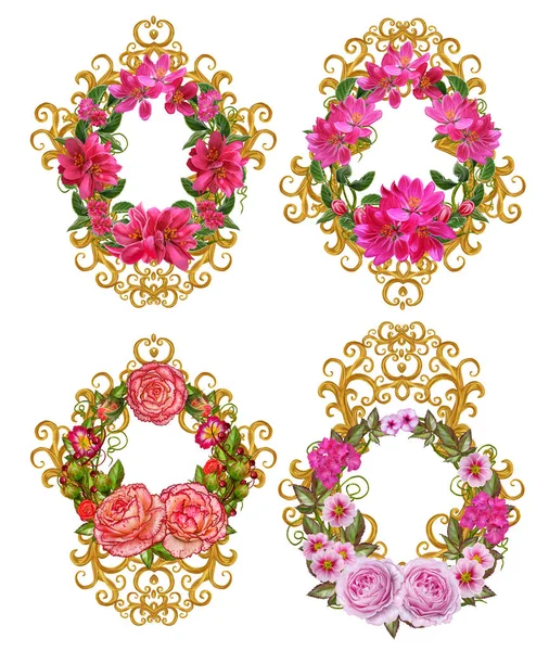 Set. Round floral garland, a wreath of bright spring colors, orange and pink roses, blooming red apple, green leaves. Isolated on white background. Gold openwork weave. — Stock Photo, Image