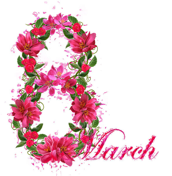 8 марта Шаблон поздравительных открыток на женский день. Открытое плетение, венок из нежных цветов, роз, тюльпанов, барбариса, листьев и ветвей. Расположение цветов изолировано на белом фоне
.