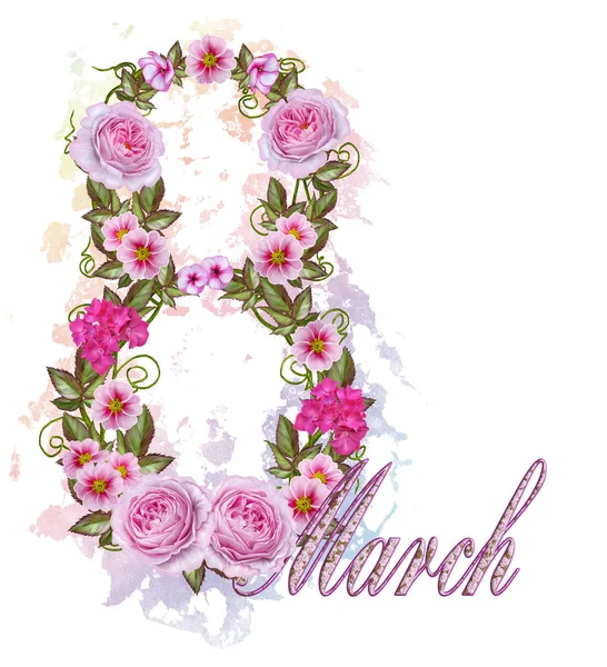 8 Mart Kadınlar Günü tebrik kartı şablonu. Ajur, dokuma bir çelenk narin çiçekler, güller, laleler, kızamık, yaprakları ve dalları. Beyaz arka plan üzerinde izole çiçek aranjmanı. — Stok fotoğraf