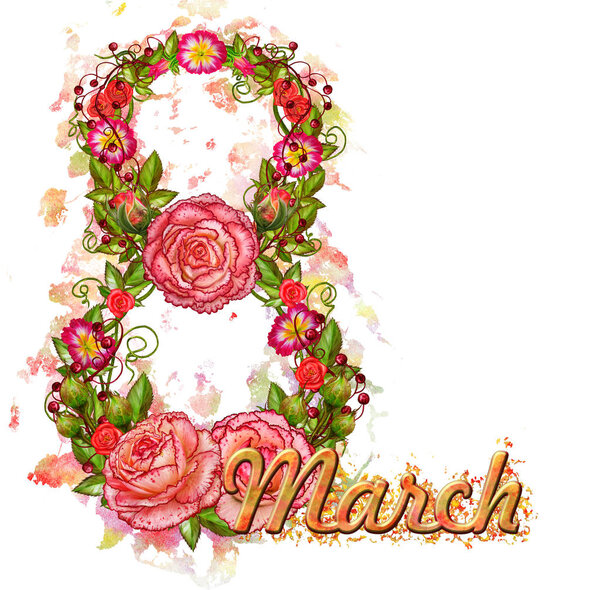 8 March Women's Day greeting card template. Openwork weaving, a wreath of delicate flowers, roses, tulips, barberry, leaves and branches. Flower arrangement isolated on white background.