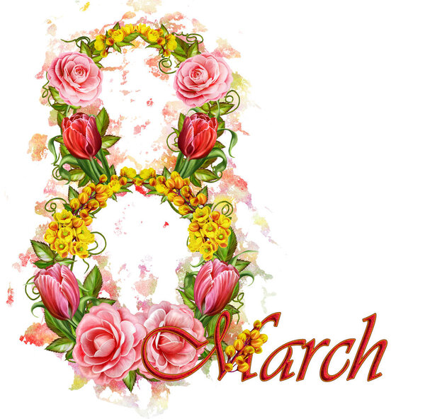 8 March Women's Day greeting card template. Openwork weaving, a wreath of delicate flowers, roses, tulips, barberry, leaves and branches. Flower arrangement isolated on white background.