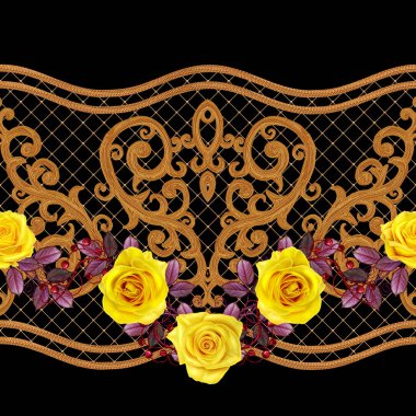 Seamless modeli. Altın dokulu bukleler. Oryantal tarzı Arabesk. Parlak dantel, stilize çiçekler. Dokuma narin, altın arka plan, kompozisyon, Sarı Gül çelenk Ajur.