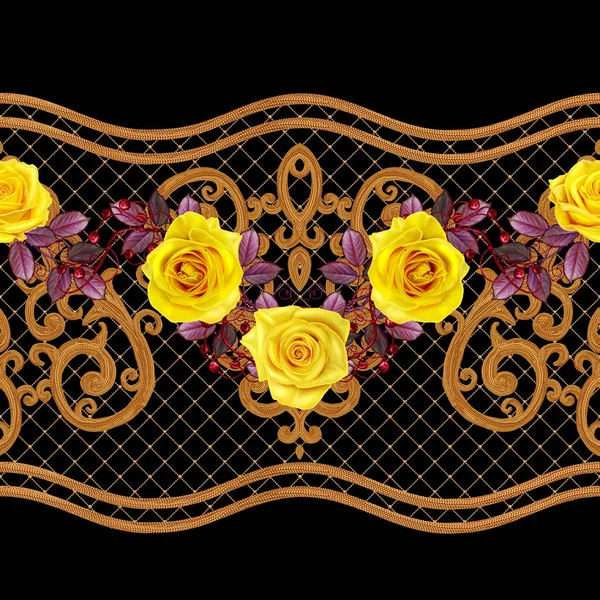 无缝模式。纹理的金色卷发。东方风格蔓藤花纹。辉煌的花边，程式化的花。镂空编织细腻，金色背景、 组成、 花环的黄玫瑰. — 图库照片