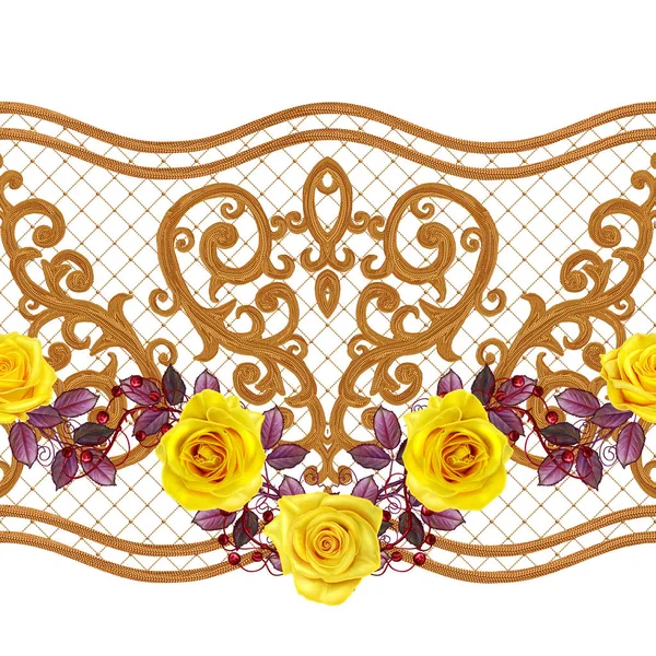 シームレス パターン。黄金の質感カール。オリエンタル スタイル アラベスク。華麗なレース、様式化された花です。繊細な黄金色の背景、組成、黄色いばらの花輪を編む透かし. — ストック写真