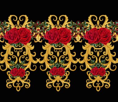 Seamless modeli. Altın dokulu bukleler. Oryantal tarzı Arabesk. Parlak dantel, stilize çiçekler. Dokuma narin, altın arka plan, kompozisyon, kırmızı gül çelenk Ajur