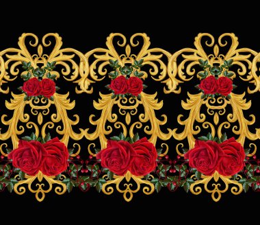 Seamless modeli. Altın dokulu bukleler. Oryantal tarzı Arabesk. Parlak dantel, stilize çiçekler. Dokuma narin, altın arka plan, kompozisyon, kırmızı gül çelenk Ajur