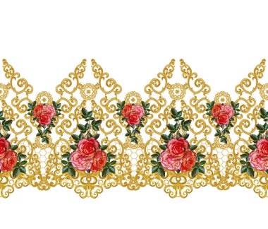 Seamless modeli. Altın dokulu bukleler. Oryantal tarzı Arabesk. Parlak dantel, stilize çiçekler. Dokuma narin, altın arka plan, kompozisyon, kırmızı gül çelenk Ajur