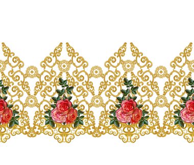 Seamless modeli. Altın dokulu bukleler. Oryantal tarzı Arabesk. Parlak dantel, stilize çiçekler. Dokuma narin, altın arka plan, kompozisyon, kırmızı gül çelenk Ajur