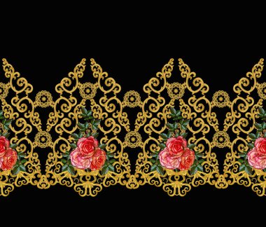 Seamless modeli. Altın dokulu bukleler. Oryantal tarzı Arabesk. Parlak dantel, stilize çiçekler. Dokuma narin, altın arka plan, kompozisyon, kırmızı gül çelenk Ajur