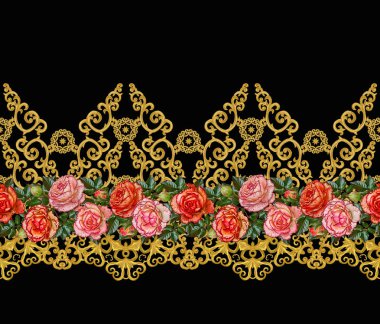 Seamless modeli. Altın dokulu bukleler. Oryantal tarzı Arabesk. Parlak dantel, stilize çiçekler. Dokuma narin, altın arka plan, kompozisyon, kırmızı gül çelenk Ajur