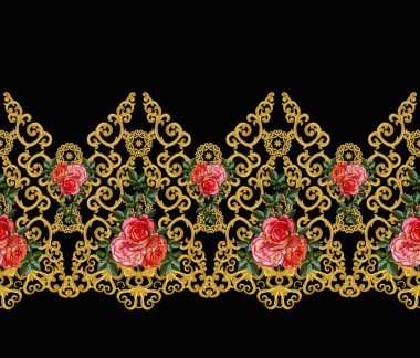 Seamless modeli. Altın dokulu bukleler. Oryantal tarzı Arabesk. Parlak dantel, stilize çiçekler. Dokuma narin, altın arka plan, kompozisyon, kırmızı gül çelenk Ajur